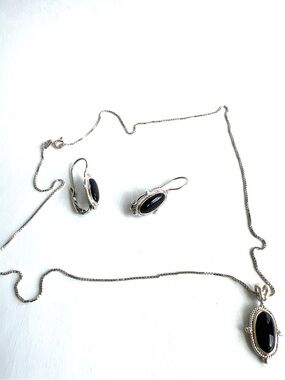🇮🇹Vintage Italian 925 Sterling Silver Black Onyx Necklace & Earrings Set In Box